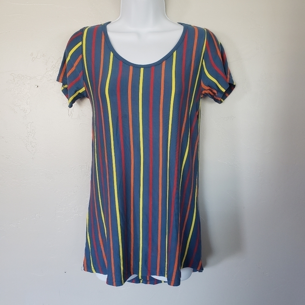 Lularoe Women's XXS Blue Red Yellow Orange Striped Short Sleeve Tunic Shirt Top
